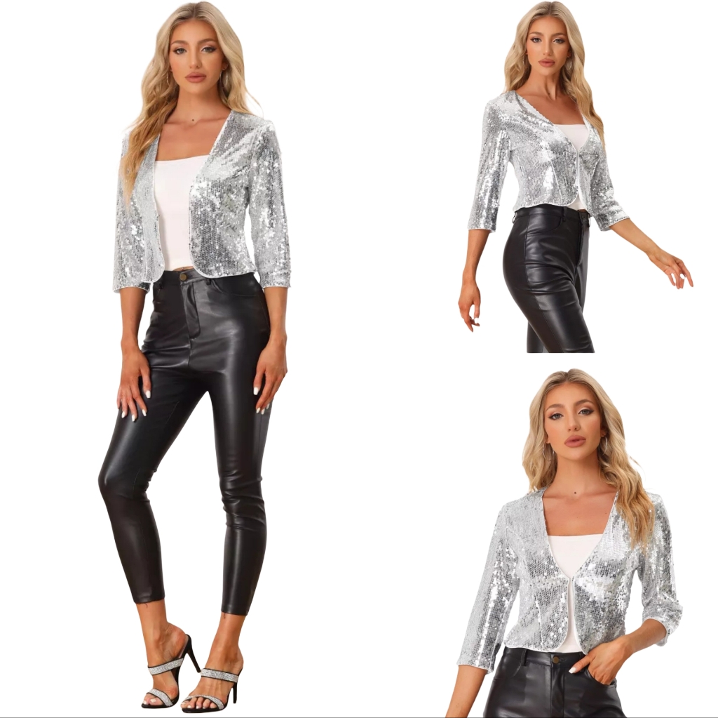 New Women's Silver Sequined Cocktail Bolero Formal Jacket By Allegra K. Size Xs